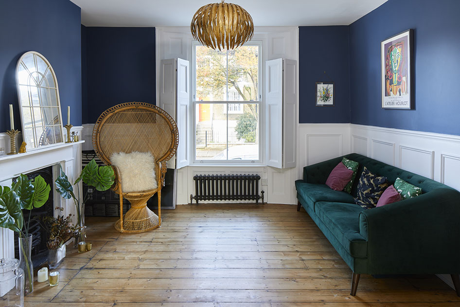 blue living room with fireplace