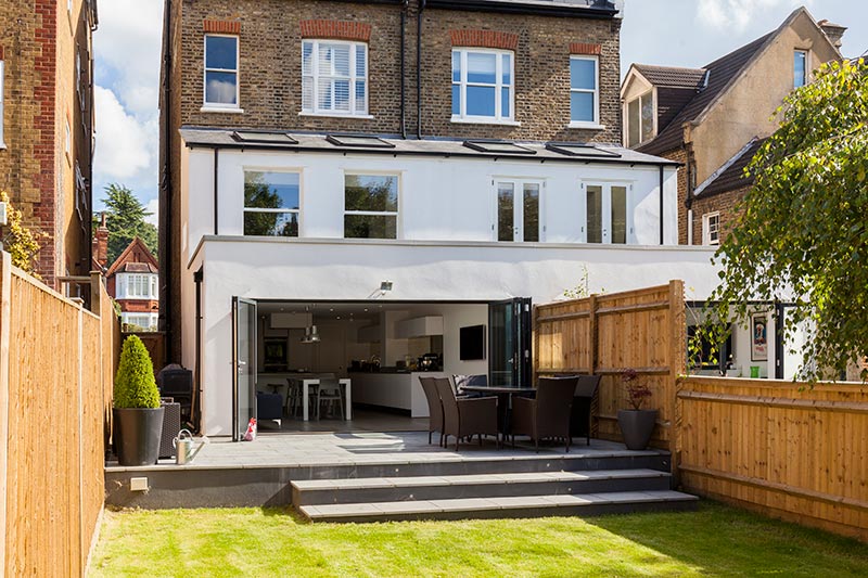 double extension with skylight and bifold doors