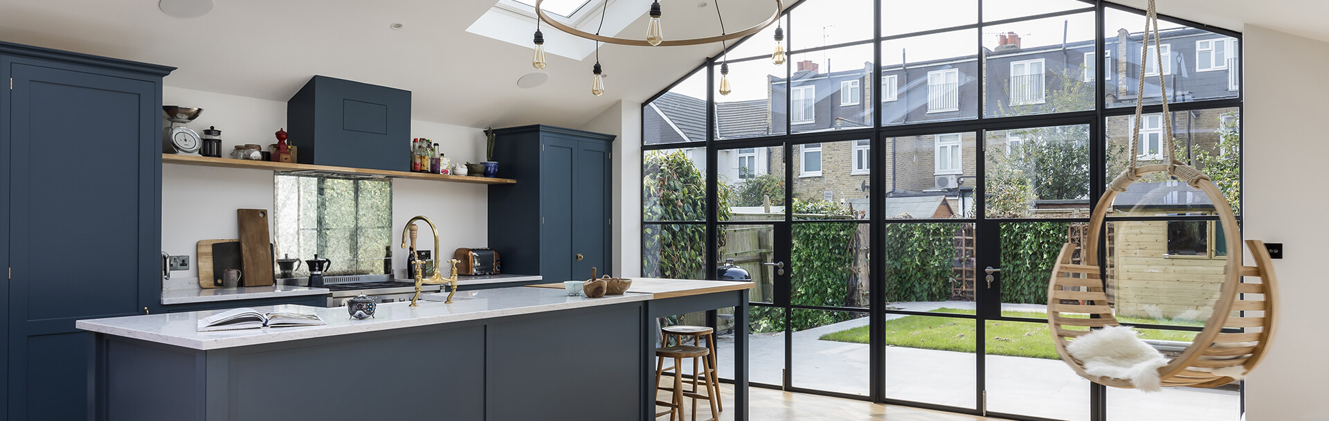 open plan kitchen with swing chair