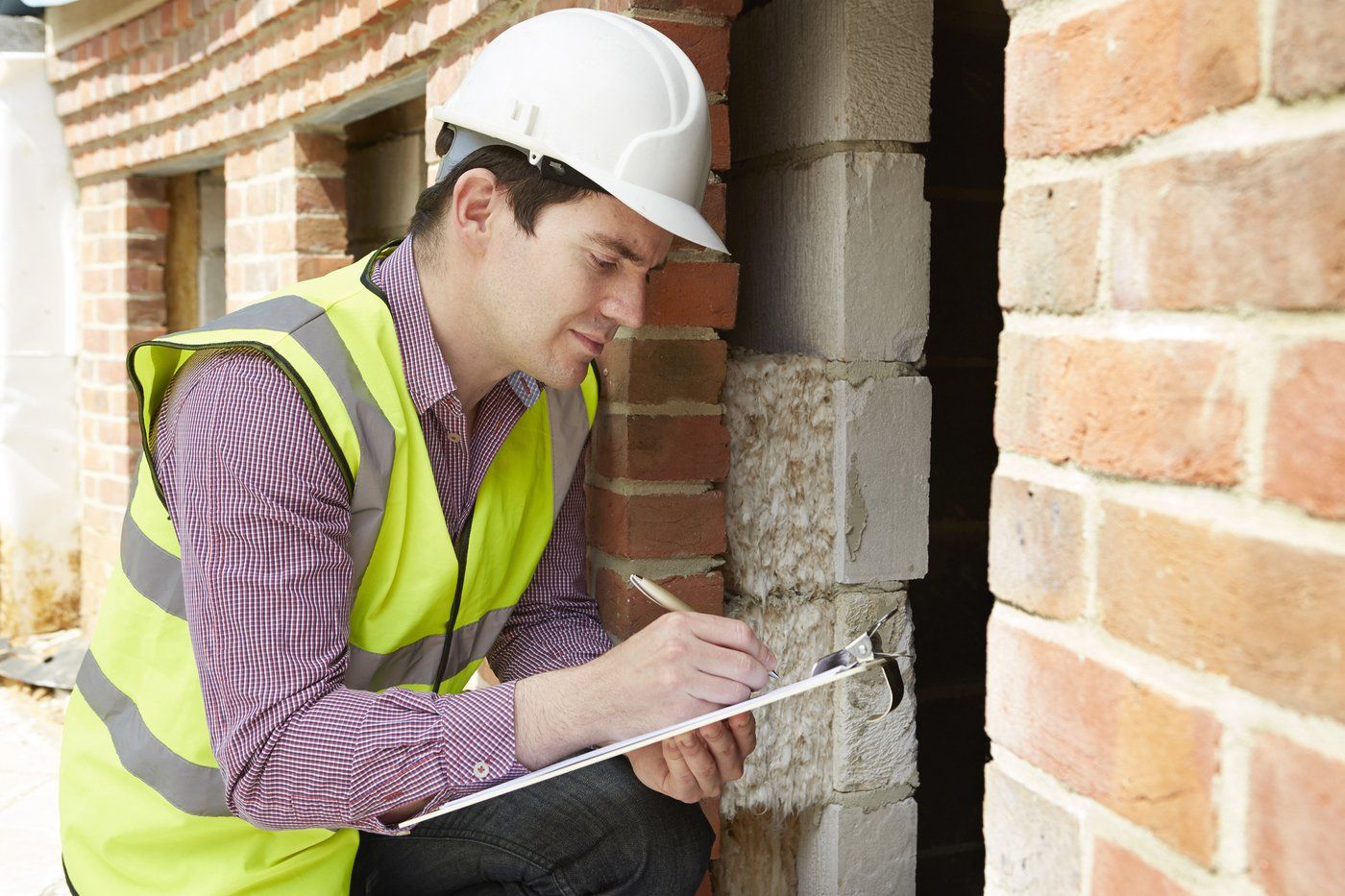 Person in a hard hat inspecting a brick wall and taking notes on a clipboard at a construction site