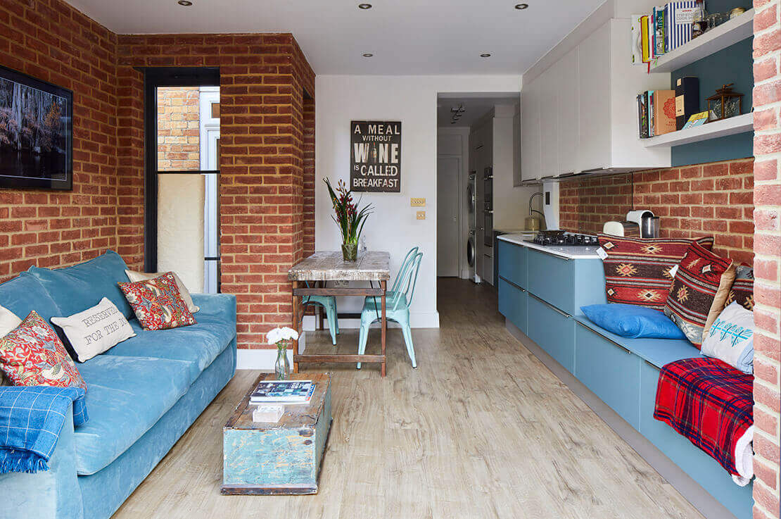 living room with open plan kitchen on 2 store house