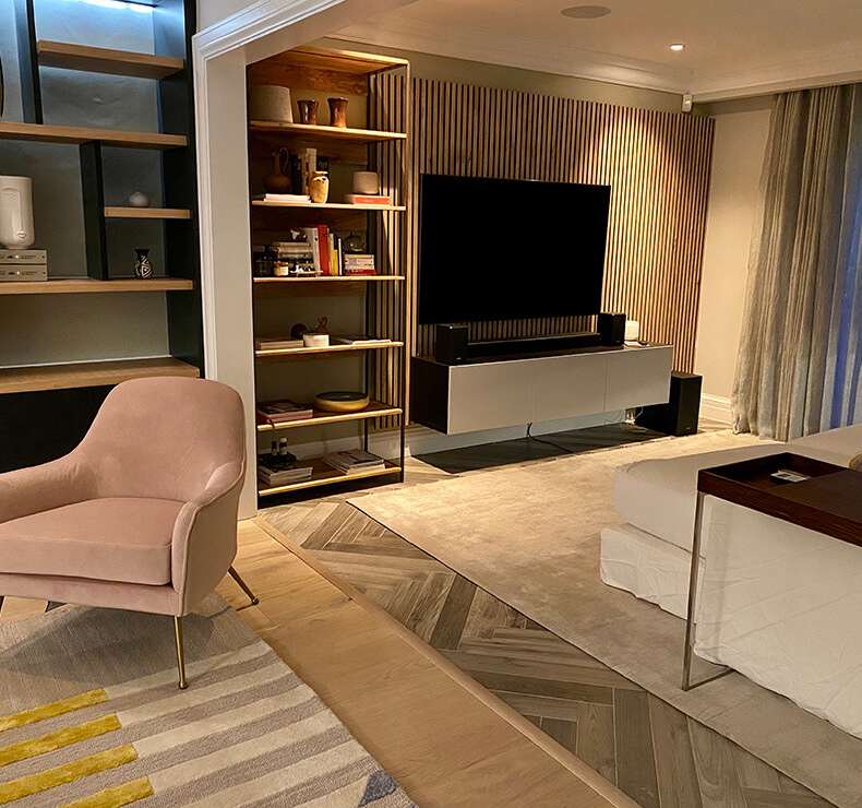 modern TV room with suspended display cabinets