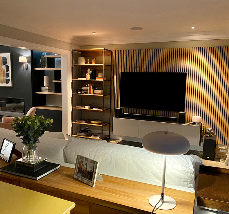 TV room with wood wall panelling and minimalist display case