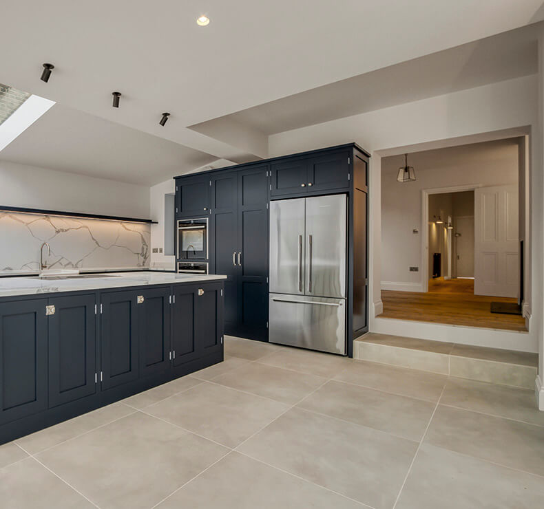 Modern kitchen Room with Light Taupe, Dark Navy and Dark Brown Design Flooring, Kitchen, Oven and Home Interior.