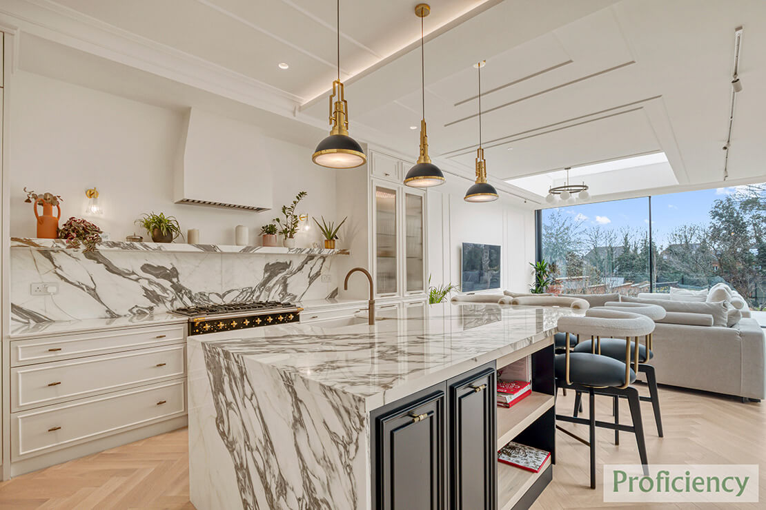 waterfall kitchen island with seating