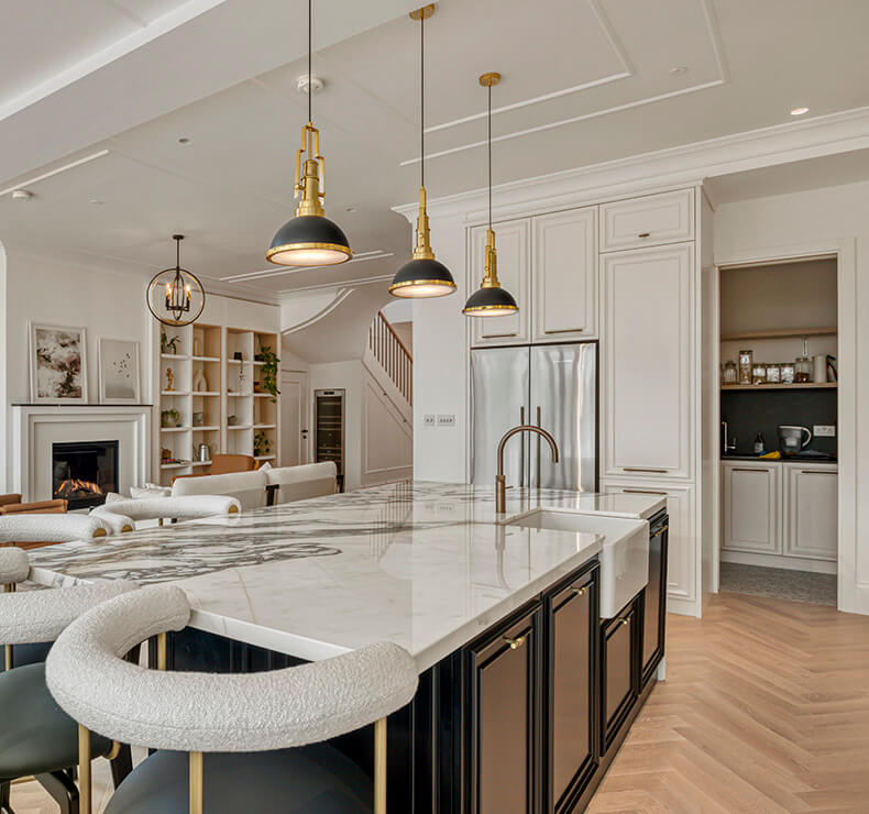 Luxury Home Interior Design with Light Taupe and Dark Mocha Brown Flooring in a Modern Domestic Kitchen.