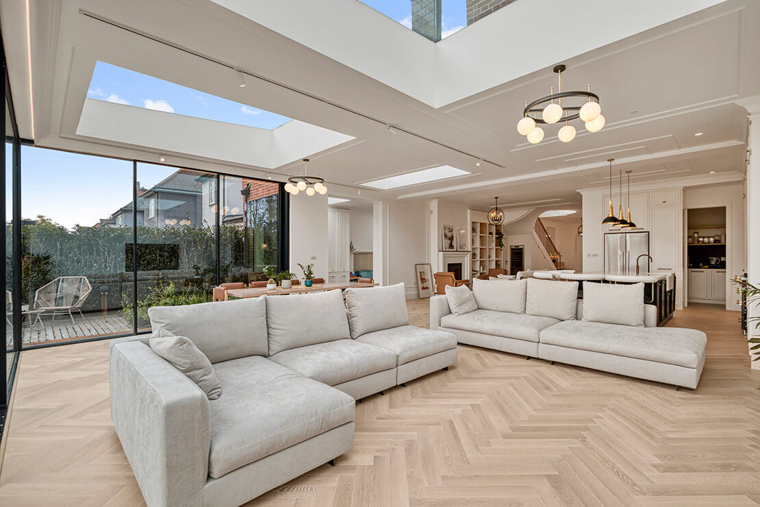 modern living room with skylights