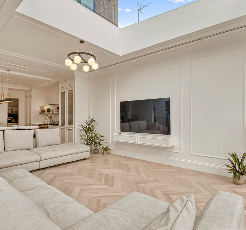 Modern Home Interior Lifestyle in Luxury home with Light Taupe and Dark Brown Flooring.