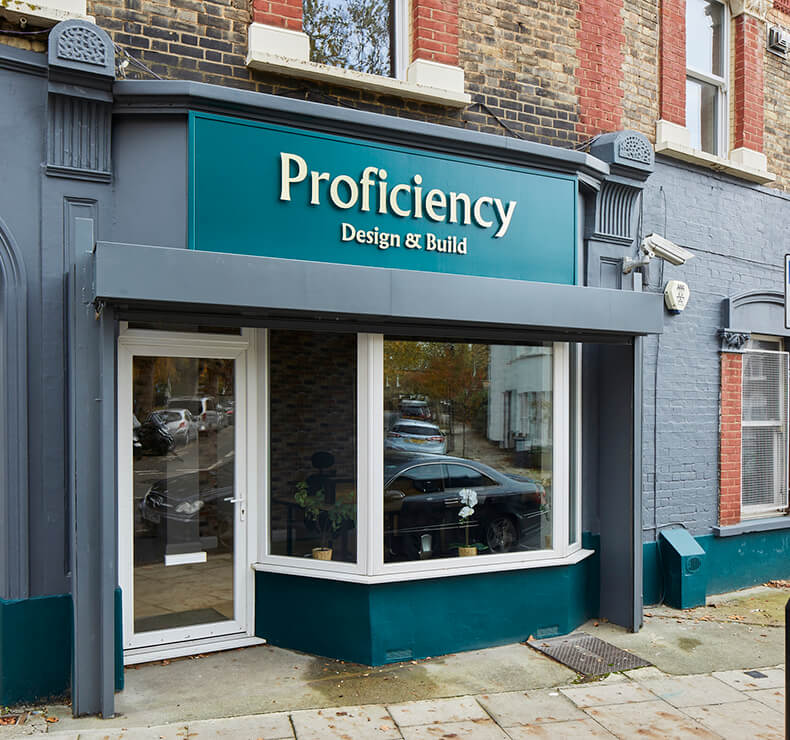 proficiency design & build blue and grey modern office front